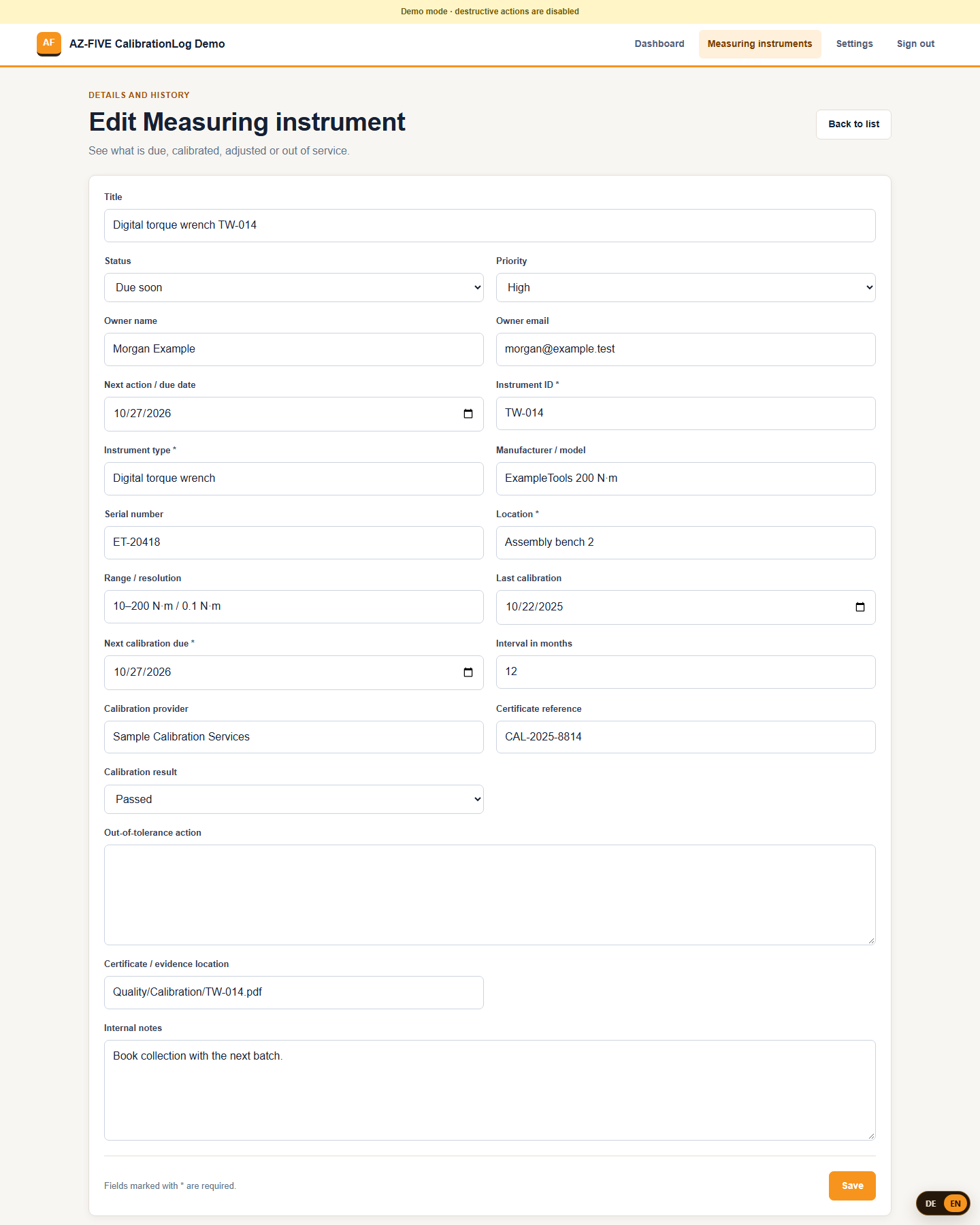 CalibrationLog detail