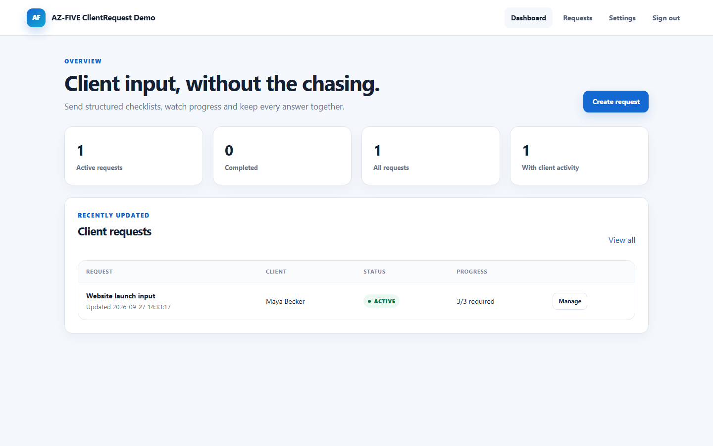 AZ-FIVE ClientRequest self-hosted client checklist dashboard