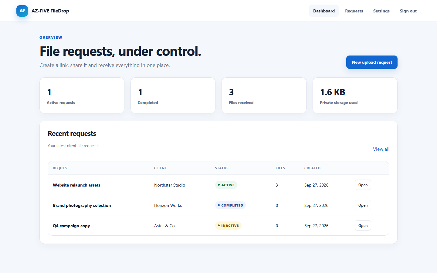 Dashboard des self-hosted PHP Upload Tools AZ-FIVE FileDrop