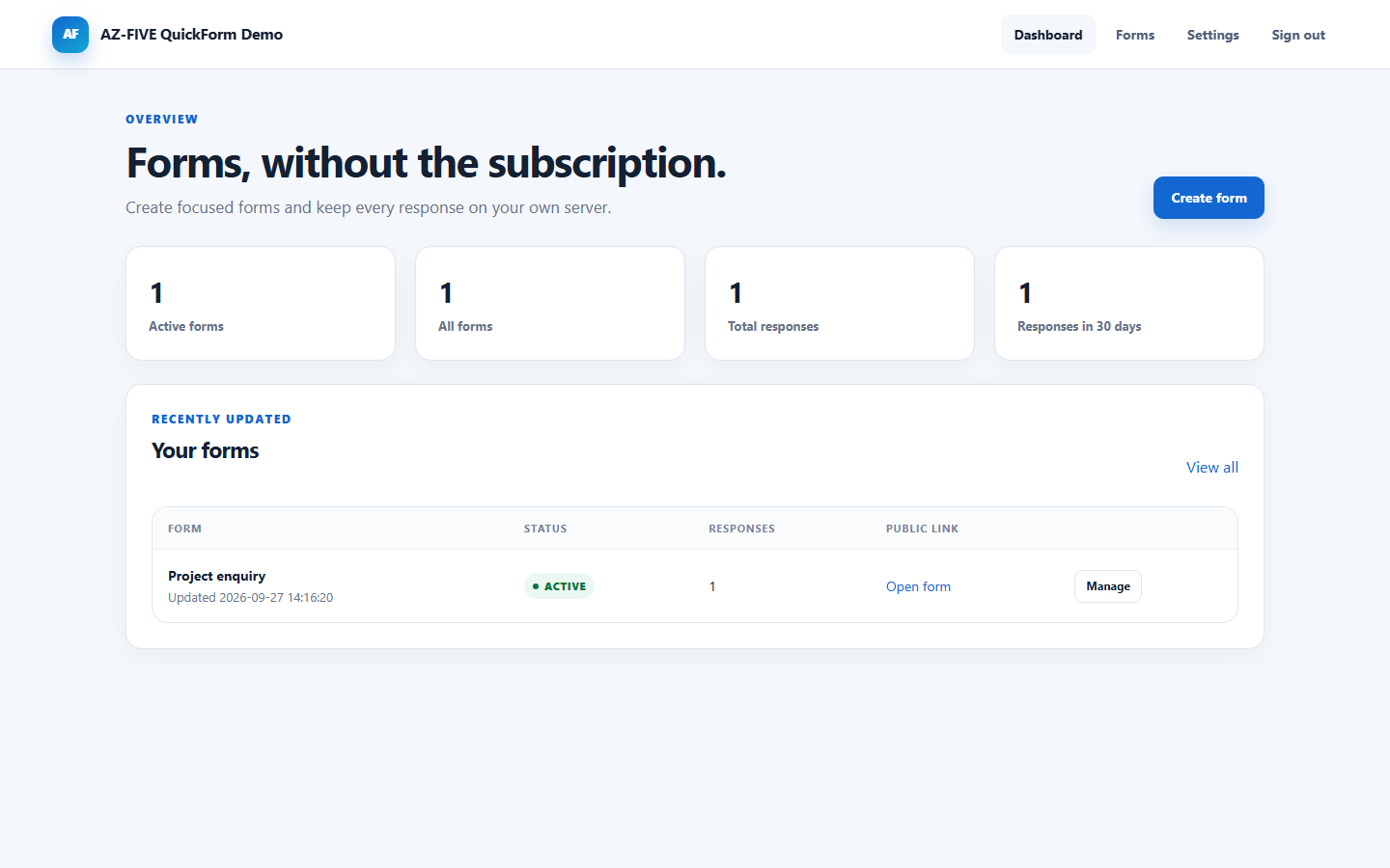 AZ-FIVE QuickForm self-hosted business form dashboard