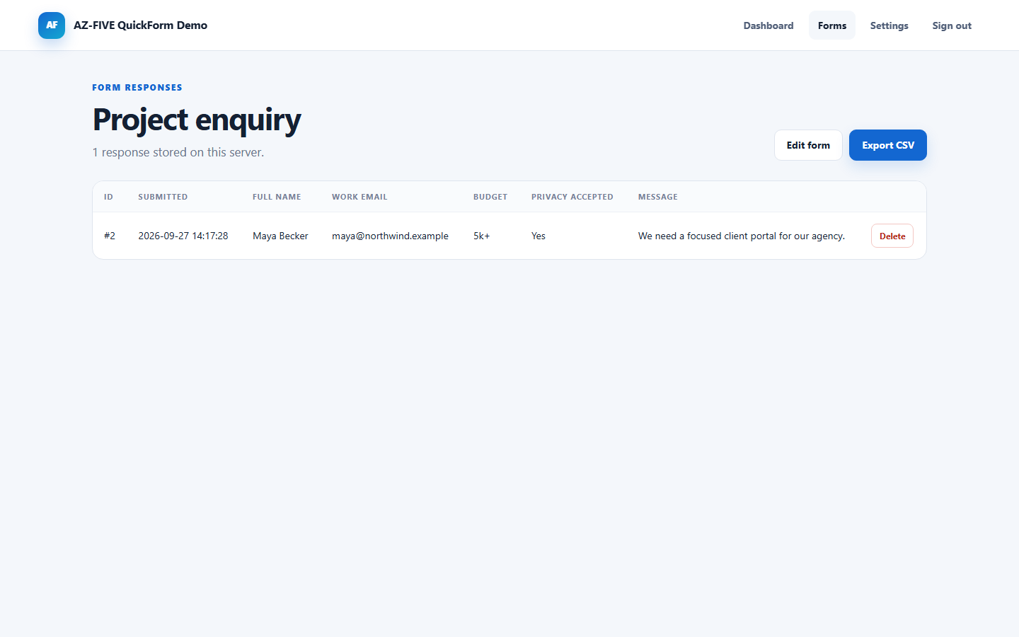 QuickForm response manager and CSV export