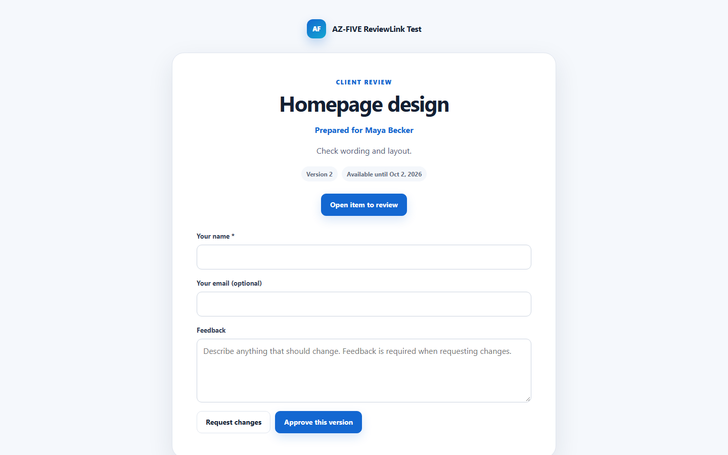 ReviewLink client page for approval or change requests