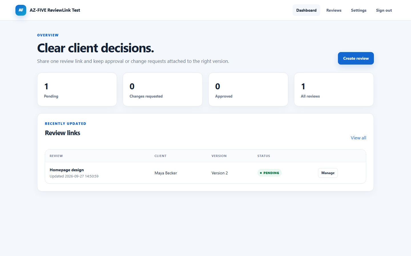 AZ-FIVE ReviewLink self-hosted client approval dashboard