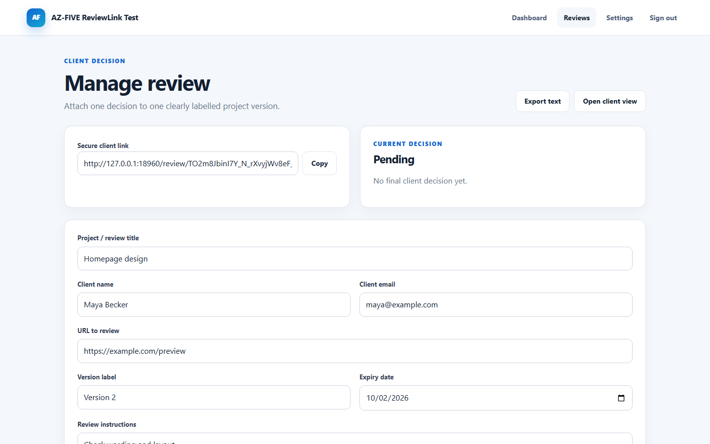 ReviewLink editor for versions and preview URLs