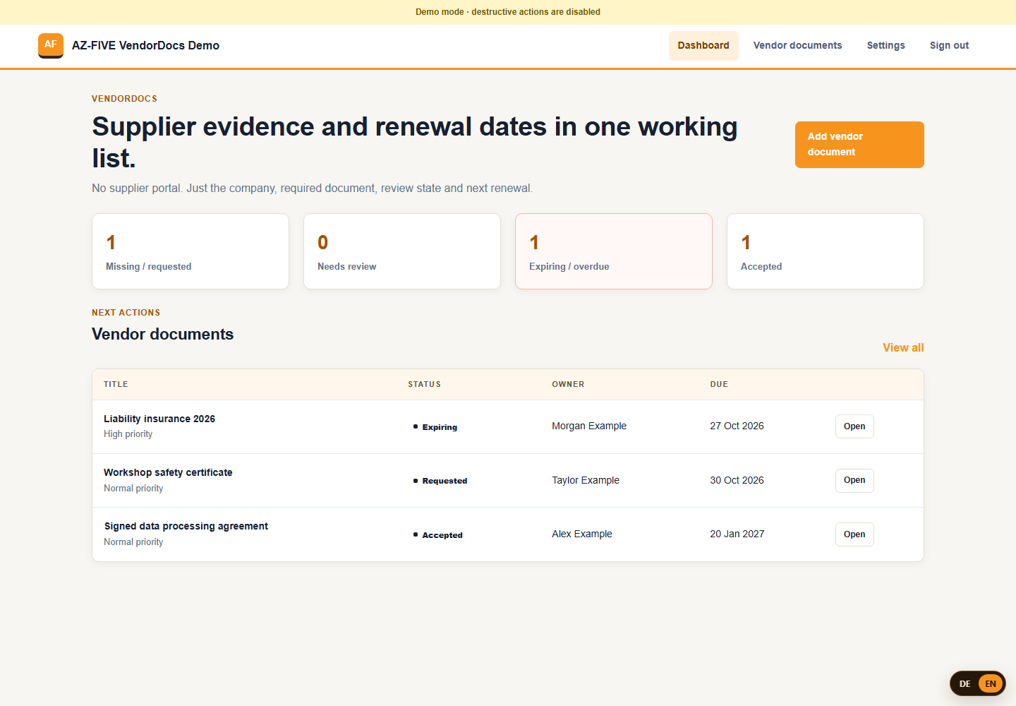 VendorDocs Dashboard