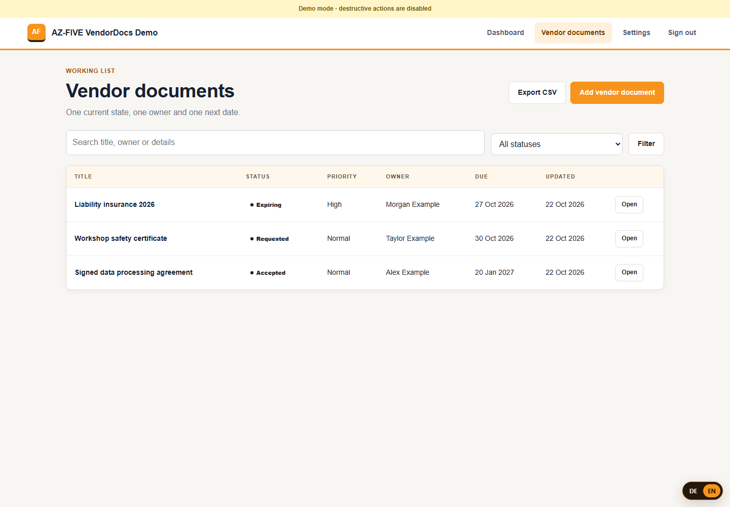 VendorDocs list