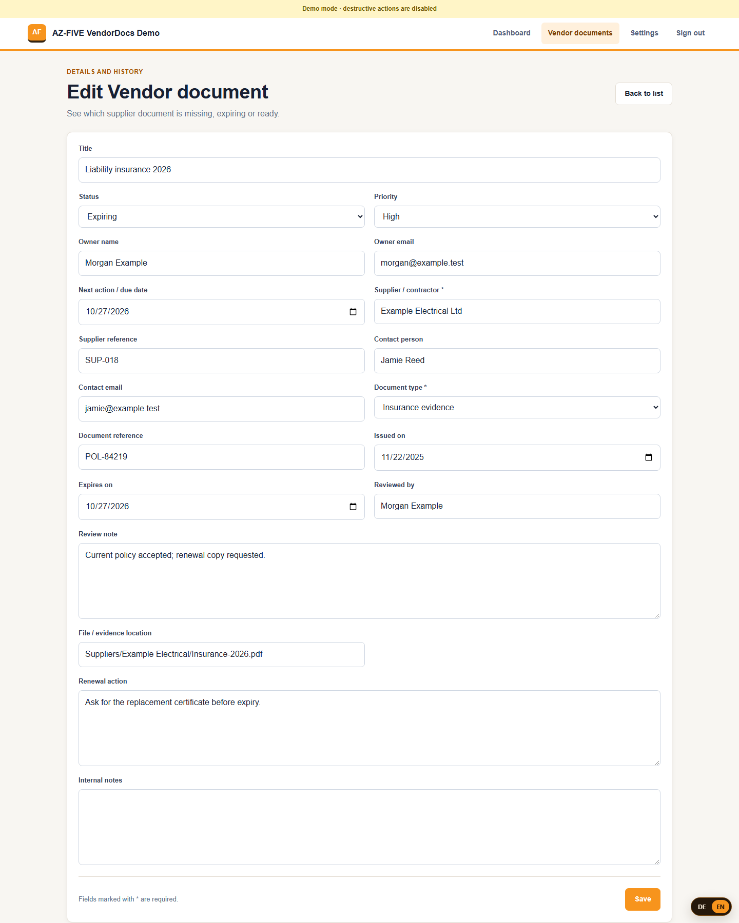 VendorDocs detail